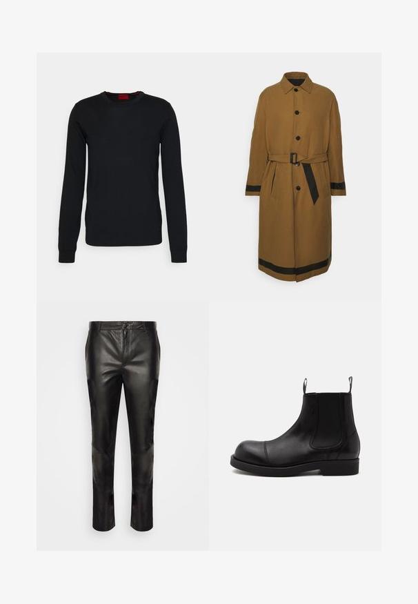 Neil Barrett REVERSIBLE - Trentšmantel - black/khaki; HUGO SAN CEDRIC - Džemper - black; STUDIO ID GUIDO TROUSERS - Nahkpüksid - black; Mustast nahast Chelsea saabas ümarate varvaste, elastsete külgpaneelide, ees ja taga aasade ning lame tallaga, küljelt vaadelduna valgel taustal.