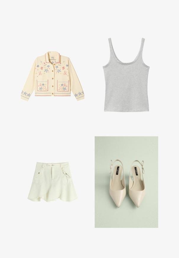 Fløjlsjakke i cremefarve med røde, blå og gule broderede havtema designs, herunder søstjerner, koraller og skaller, med to forlommer.; Lysegrå ærmeløs tanktop med rund halsudskæring lavet af et blødt, meleret stof.; Offwhite skater nederdel med to frontflaplommer med knapper, dobbelt knaplukning i taljen og syninger som detaljer.; Beige spidse slingback-sko med en glat læderfinish, der har en sløjfedetalje på hælen og et åbent bagdesign.