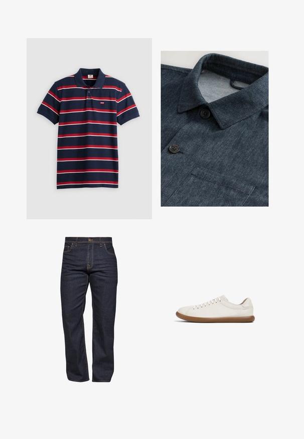Chemise en denim foncé avec un col pointu, deux boutons noirs et une poche poitrine. Le tissu a une texture subtile et une finition soignée.; Polo shirt bleu marine avec des rayures horizontales rouges et blanches, col à trois boutons et petit logo Levi's sur la poitrine. Matière en coton doux.; Jean en denim bleu foncé avec une coupe droite, des coutures contrastées, cinq poches et une fermeture à bouton à la taille.; Baskets avec une tige en cuir beige clair, un bout arrondi et une semelle en caoutchouc brun plate ; présente six œillets et un design bas.