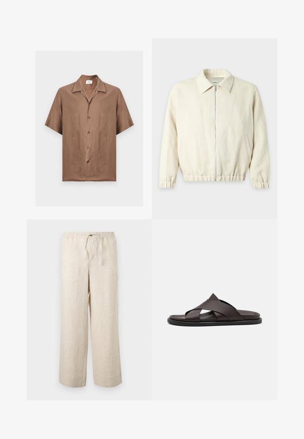 Veste crème à fermeture éclair avec col pointu, poignets élastiques et deux poches latérales sur un fond uni.; Chemise marron à manches courtes avec col ouvert, devant plat et une étiquette en tissu marquée "NN. 07" à l'intérieur du col.; Pantalon large en lin beige avec taille élastique, bouton à l'avant et fermeture par cordon, présenté sur un fond clair uni.; Stuart Weitzman BERKLEY - Mules - espresso