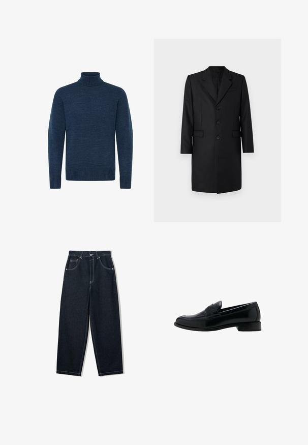 Zwart op maat gemaakte jas met een notch-revers, twee voorkanten zakken, een enkelsluiter ontwerp en drie knopen. Glad materiaal met een premium afwerking.; Navyblauwe coltrui van textuurstof, met lange mouwen en geribde accenten bij de kraag en onderrand.; Donkerindigo jeans met rechte pijpen, witte contrasterende stiksels, ontwerp met vijf zakken en metalen knoopsluiting in de taille.; Zwarte leren loafer met lage hak, ronde neus en klassieke penny-strap detail op de wreef.