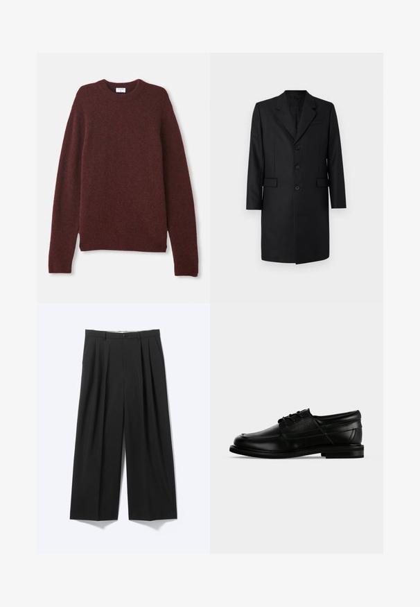 Zwart op maat gemaakte jas met een notch-revers, twee voorkanten zakken, een enkelsluiter ontwerp en drie knopen. Glad materiaal met een premium afwerking.; Bordeaux kleurige trui van zachte stof met een klassieke ronde hals, lange mouwen en een relaxte pasvorm. Geen patronen of zichtbare metalen delen.; Zwarte wijde broek met voorplooien, riemlussen en knoopsluiting, weergegeven op een effen lichte achtergrond.; Zwarte leren herenschoen met veters, lage hak en een aangebrachte merknaam aan de zijkant, weergegeven in zijaanzicht op een witte achtergrond.
