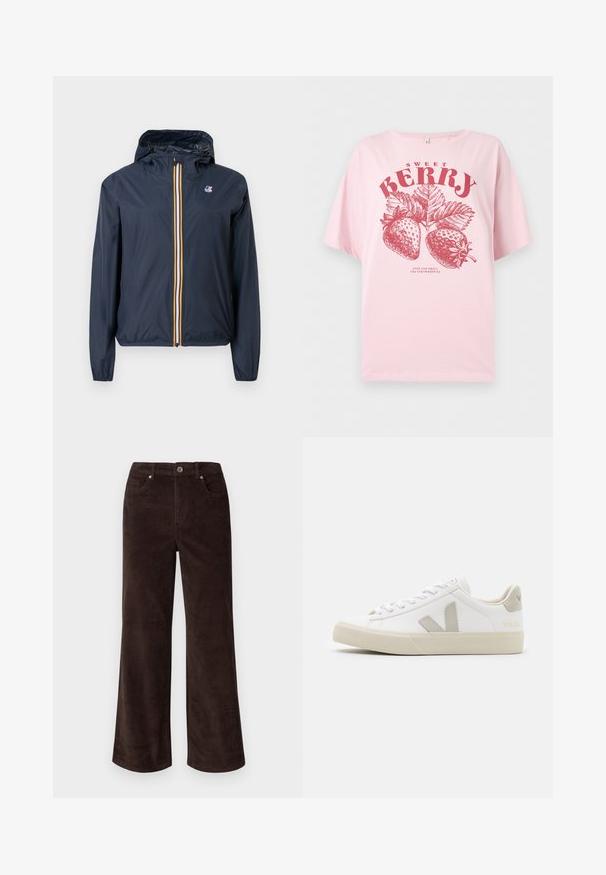 Veste légère à capuche bleu marine avec fermeture éclair rayée multicolore sur le devant et petit logo sur la poitrine gauche, poignets et ourlet élastiques.; T-shirt rose clair avec des fraises illustrées en rouge, des feuilles, et le texte "SWEET BERRY" et "STOP AND SMELL THE STRAWBERRIES".; Vero Moda Petite VMTESSA PANTS - Pantalon classique - chocolate torte; Baskets blanches en cuir avec des accents gris en forme de V, semelle en caoutchouc texturé, lacets blancs, et languette et col rembourrés.