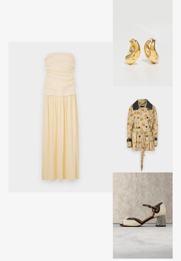 Rabanne Overgangsjakke - sand/pink green/yellow; Stribefri, gulvlængde kjole i lys gul bomuld. Samlet bodice med plisseret nederdel for en blød drapering. Glat tekstur og minimalistisk design.; Åben tå højhælet sko i creme- og sort læder. Har en blokhælkappe med geometrisk mønster og justerbar ankelrem for en sikker pasform.; Guldringeøreringe med en glat, buet form og poleret overflade. Udstyret med en lukkeanordning og lette fordybninger for detaljer.