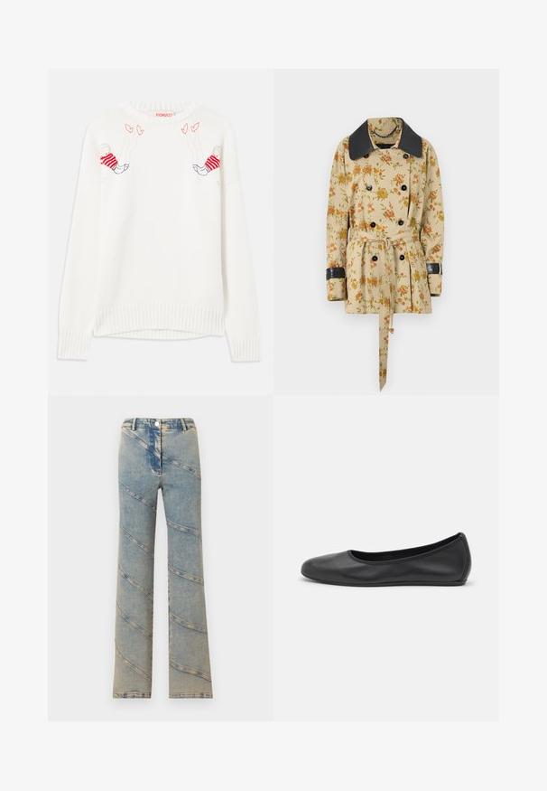 Rabanne Veste mi-saison - sand/pink green/yellow; Sweater blanc en tricot avec des figures brodées en rouge et bleu. Col ras du cou, poignets et ourlet côtelés. Texture douce, coupe décontractée.; Jean en denim bleu taille haute avec jambes évasées et détails de coutures diagonales sur tout le tissu.; Ballerines en cuir noir avec un bout rond, texture lisse, détails de couture minimalistes et design de semelle flexible.