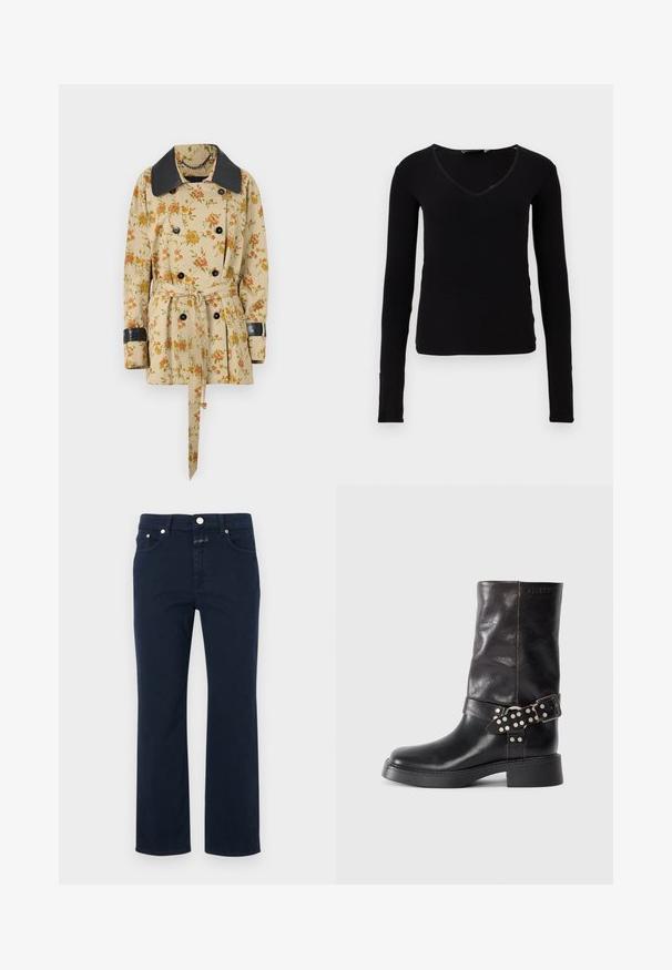 Rabanne Overgangsjakke - sand/pink green/yellow; Sort langærmet top med V-hals, lavet af ribbet stof. Har et tætsiddende design og subtile stikninger ved halsudskæringen.; Marineblå bomuldsjeans med lige skæring, udstyret med fem lommer, lynlåsgylf og metalknaplukning. Glat tekstur med syningsdetaljer.; Sorte læderankelstøvler med rund tå, en kraftig hæl og en dekorativ spænde med sølvnitter. Glat tekstur.