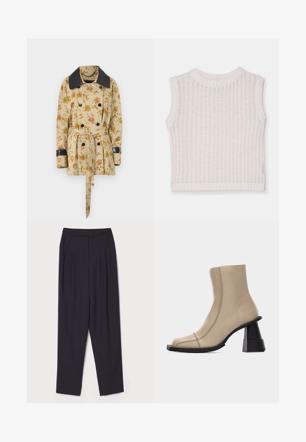 Rabanne Kerge jope - sand/pink green/yellow; Pooleb mustree valge top, millel on ribid ja ümar kaelus avatud kudumiga disain. Lihtne ja lõdvestunud siluett.; Tumed teksased pehmest kangast, millel on voldid ja sirge sääre disain, tavaline talje ja küljetaskud.; Beežist nahast pahkluu saabaste ruudukujulise nina, nähtava õmbluse ja jämeda musta skulptuurse plokk-kontsaga valgel taustal.