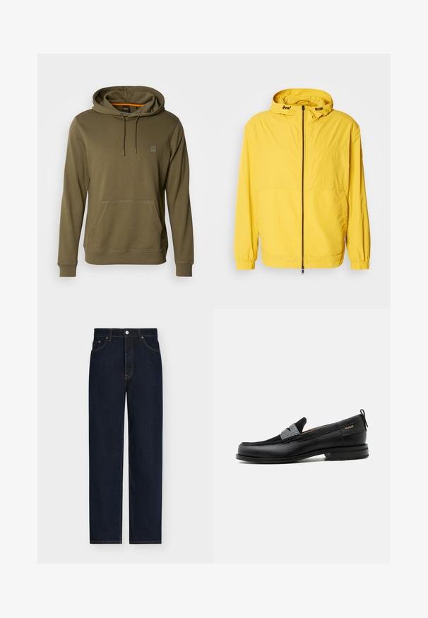 Gul windbreakerjakke med lynlåslukning, justerbar hætte og elastiske manchetter, lavet af let, vandafvisende materiale.; Oliven grøn hoodie lavet af blødt stof, med en lomme foran, justerbar snoretræk på hætten og et diskret logo-patch på brystet.; Mørkeblå jeans med lige ben, frontknap og lynlås, fem lommer og synlige kontrastsyninger.; Sort læderloafer med grå remdetalje, lav hæl og tekstureret sål, mærket med "HUGO" i guld på siden.