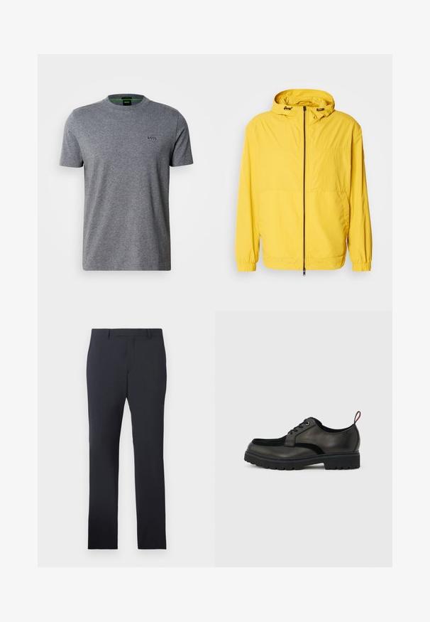 Chaqueta cortavientos amarilla con cierre de cremallera, capucha ajustable y puños elásticos, fabricada con un material ligero y resistente al agua.; Camiseta de manga corta gris hecha de una mezcla de algodón. Cuenta con un escote redondo y un pequeño logotipo negro "BOSS" en el lado izquierdo del pecho. Textura suave.; Pantalones formales de la marina confeccionados en tejido suave. Cuentan con un frente plano, trabillas para cinturón y bolsillos laterales, con un corte recto a medida.; Zapato negro de cuero con cordones, suela gruesa con dibujo y lengüeta roja en el talón, mostrado de perfil sobre un fondo gris claro.