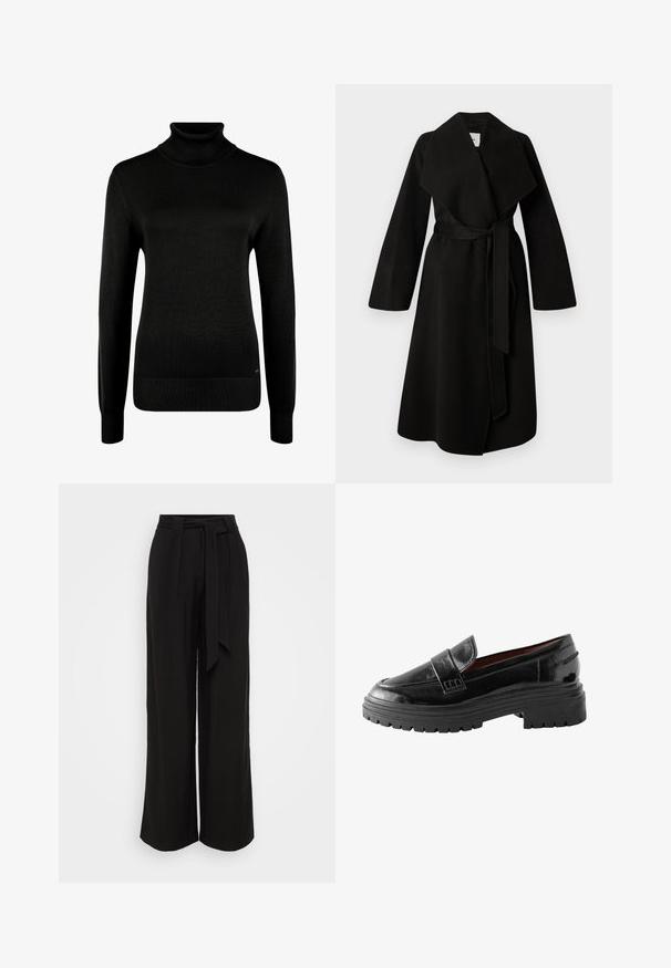 Abrigo de lana negro con solapas anchas, mangas largas y un cinturón de lazo en la cintura. Presenta un corte recto y una textura suave.; Jersey negro de manga larga con cuello alto, puños y dobladillo acanalados, mostrado sobre un fondo blanco.; Pantalones negros de pierna ancha hechos de una tela lisa, con cintura alta, cinturón de lazo y plisados para un aspecto más estructurado.; Mocasines de charol negro con suela de goma gruesa, que cuentan con una puntera redondeada y una banda elevada cosida a lo largo del empeine.