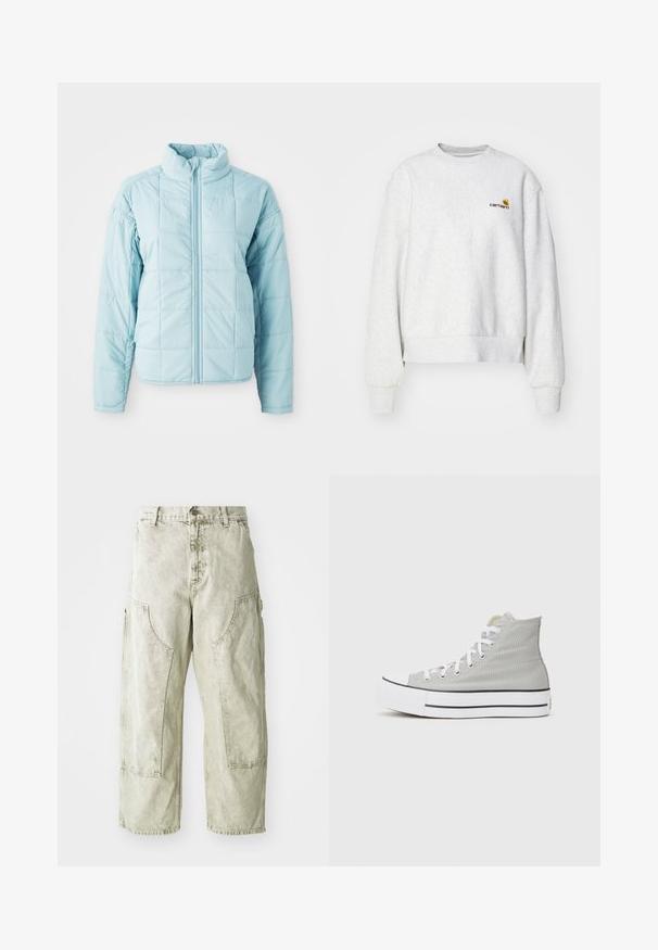 Lyseblå quiltet jakke med frontlynlås og høj krave, der har lange ærmer og kvadratisk stikningsmønster.; Grå crew-neck sweatshirt i et blødt stof med ribbede manchetter og kant; har broderet logo på brystet i gul og mørkerød.; Lys grønne capribukser i cargo-stil lavet af denim, med store sidelommer, knap- og lynlåslukning samt synlige syninger.; Høj-top sneakers i lys grå canvas, med hvide snørebånd, en hvid gummisål og en sort stribe langs bunden.