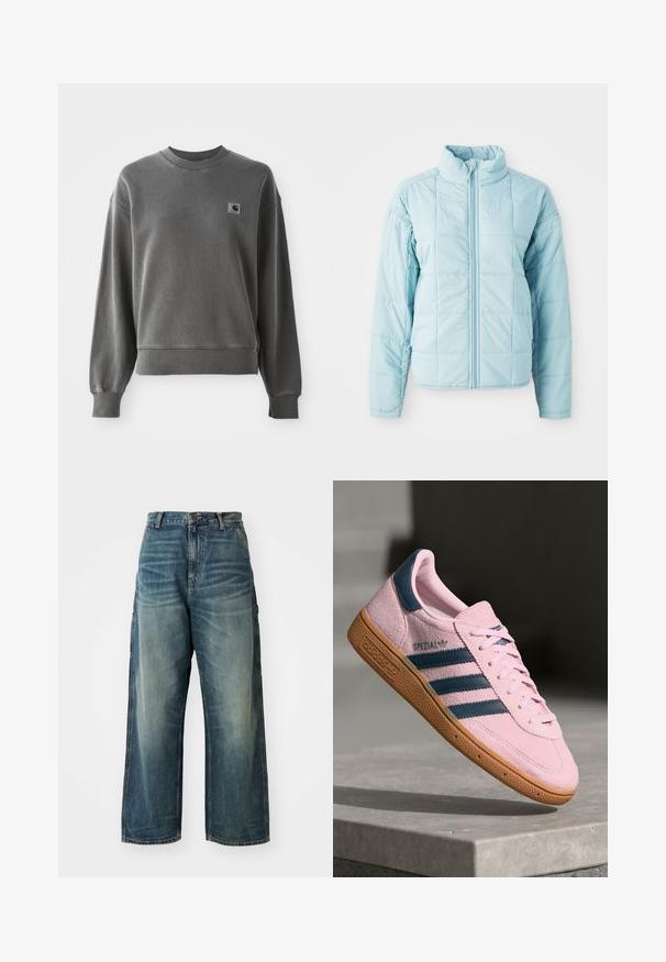 Lichtblauwe gewatteerde jas met rits aan de voorkant en hoge kraag, met lange mouwen en een vierkant stikselpatroon.; Grijze pullover sweatshirt van een gladde katoenmix, met een ronde hals, geribbelde manchetten en een klein logopatch op de linkerkant van de borst.; Wijd uitgesneden denim jeans in een vervaagde blauwe wassing. Bevat een knoopsluiting, vijf zakken en zichtbare stiksels. Materiaal heeft een zachte textuur.; Lichtroze suède sneaker met marineblauwe drie strepen, rubberen zool en lichtroze veters. Heeft het "SPEZIAL"-logo aan de zijkant.