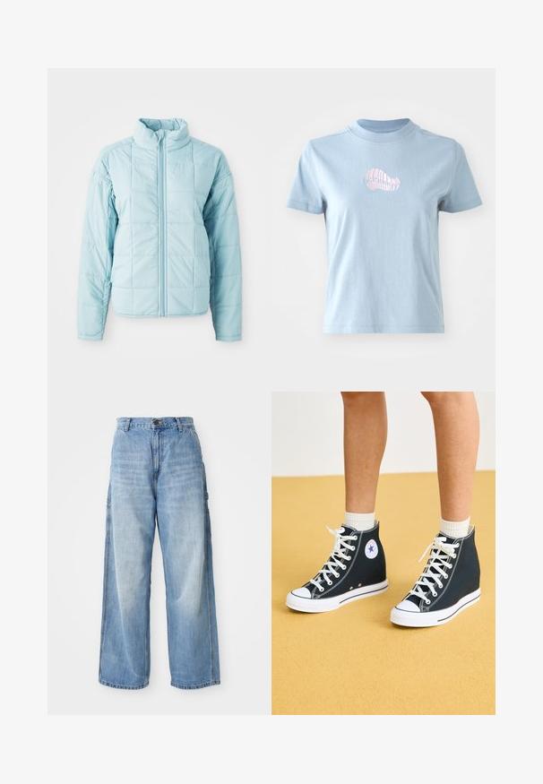 Lyseblå quiltet jakke med frontlynlås og høj krave, der har lange ærmer og kvadratisk stikningsmønster.; Lyseblå bomulds T-shirt med korte ærmer og høj halsudskæring, prydet med et lille pink broderet skaldesign på forsiden.; Lysblå vidde jeans med høj talje, der har sidelommer og en falmet struktur, lavet af denim materiale.; Høje sneakers i mørkeblåt kanvas med hvide gummisåler, snørebånd og detaljer. Har et rundt logo og hvide syninger.