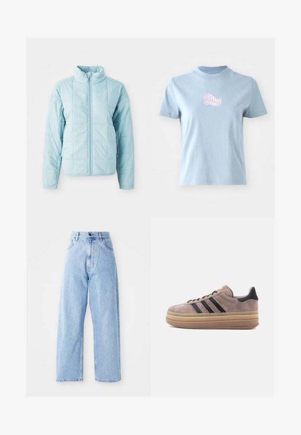 Lichtblauwe gewatteerde jas met rits aan de voorkant en hoge kraag, met lange mouwen en een vierkant stikselpatroon.; Lichtblauw katoenen T-shirt met korte mouwen en een hoge hals, met een klein roze geborduurd schelpdierontwerp aan de voorkant.; Hogewaisted lichtblauwe denim jeans met rechte wijde pijpen, voorste knoop, ritssluiting en voor- en achterkant zakken.; Grijze suède sneaker met drie zwarte strepen, gouden merklogo en een brede, beige zool. Voorzien van textuuraccenten op de hiel.
