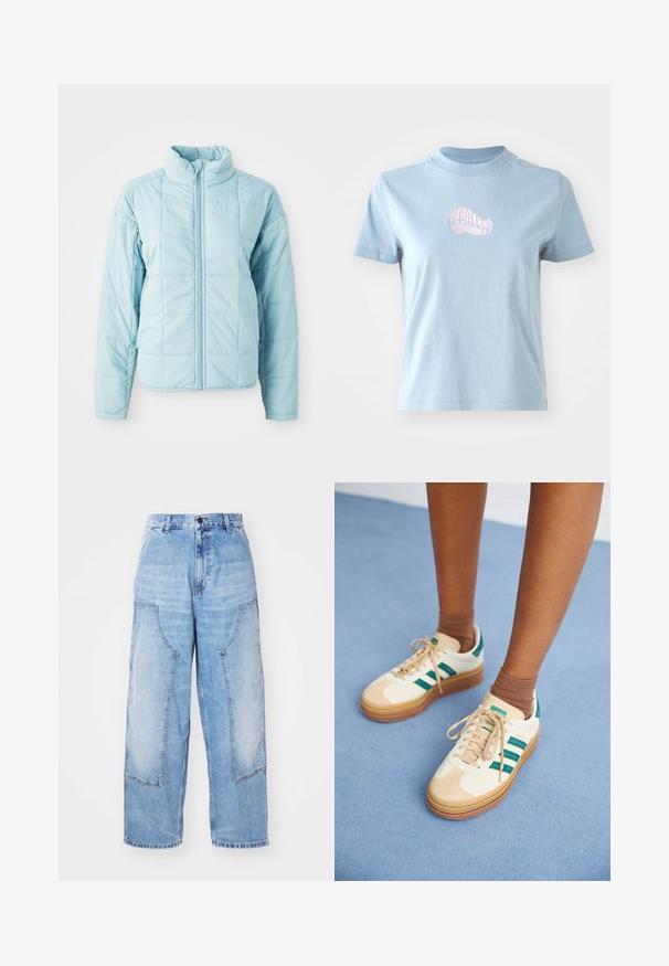 Lyseblå quiltet jakke med frontlynlås og høj krave, der har lange ærmer og kvadratisk stikningsmønster.; Lyseblå bomulds T-shirt med korte ærmer og høj halsudskæring, prydet med et lille pink broderet skaldesign på forsiden.; Lysblå denim bredbenede bukser med to store forlommer, en knaplukning og subtil falming. Syninger på lommedetaljerne.; Beige sneakers med mørkegrønne striber, gummisål, overdel i ruskind og tekstil samt neutralt hardware, parret med brune sokker på en lyseblå overflade.