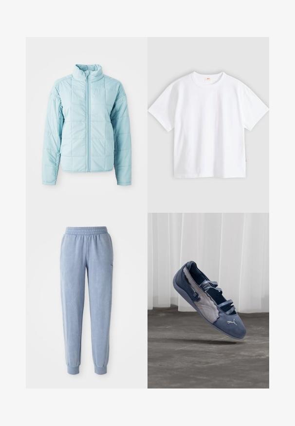 Helle blaue Steppjacke mit Frontreißverschluss und hohem Kragen, ausgestattet mit langen Ärmeln und quadratischem Steppmuster.; Weißes Baumwoll-T-Shirt mit kurzen Ärmeln, rundem Ausschnitt, lockerer Passform, glatter Textur und einem kleinen Logetikett an der linken Seitennaht.; Blaue Jogginghose aus weichem Stoff mit elastischem Bund und Bündchen; verfügt über eine dezente Textur und ein kleines Logo auf einer Seite.; Blauer und grauer Puma-Flachschuh mit drei elastischen Riemen, strukturiertem Seitenpanel und weißem Puma-Logo, schwebt über einem Betonboden.
