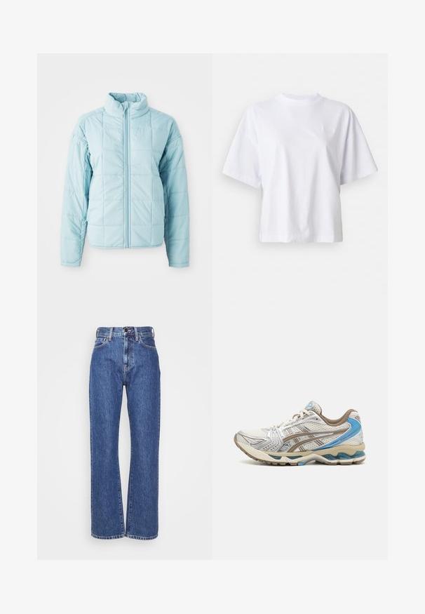 Lyseblå quiltet jakke med frontlynlås og høj krave, der har lange ærmer og kvadratisk stikningsmønster.; Hvid bomulds t-shirt med en afslappet pasform, korte ærmer og ribbet rund halsudskæring. Har subtil branding på brystet.; Blå denim jeans med vide ben, høj talje, kontrastsyninger og klassisk fem-lomme design. Struktureret stof med en glat overflade.; Hvid og beige løbesko med blå accenter, netoverdel, polstret sål og snørelukning, vist fra ydersiden.