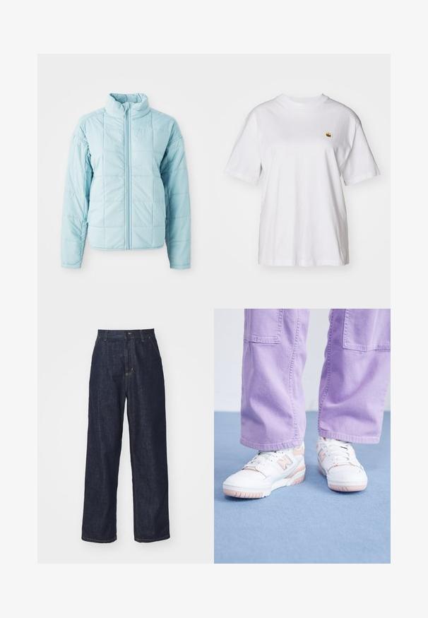 Chaqueta acolchada azul claro con cremallera delantera y cuello alto, con mangas largas y un patrón de costura cuadrada.; Camisa de algodón blanca con corte relajado, mangas cortas y un pequeño logotipo bordado en el área del pecho izquierdo.; Jeans de mezclilla oscuros de pierna recta con lazos para cinturón, botón delantero y bolsillos laterales sobre un fondo blanco.; Zapatillas blancas con acentos rosas, parte superior de cuero texturizado y suela de goma, combinadas con pantalones de pierna ancha de color púrpura claro sobre una superficie azul.