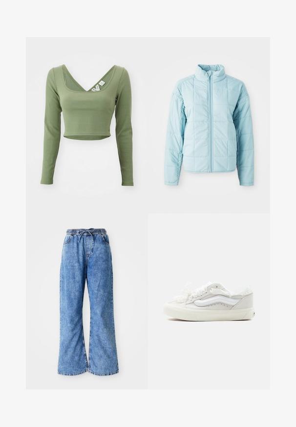 Lyseblå quiltet jakke med frontlynlås og høj krave, der har lange ærmer og kvadratisk stikningsmønster.; Khaki grøn, langærmet cropped top med ribbet tekstur og bred udskæring. Mærker synlige ved kraven.; Lyseblå denim bukser med brede ben, elastisk talje og snørelukning. Har dobbeltstikninger og rå kant. Ingen synlige lommer.; Lav top hvid lærredssneakers med hvid gummisål, satinbåndssnørebånd og et hvidt bølgemønster på siden.