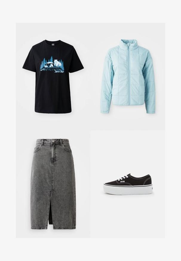 Chaqueta acolchada azul claro con cremallera delantera y cuello alto, con mangas largas y un patrón de costura cuadrada.; Camiseta de algodón negra con un gráfico azul de un oso y un panda con árboles de fondo. Manga corta y cuello redondo.; Falda midi de mezclilla negra deslavada de talle alto, con abertura frontal, pasadores para cinturón y diseño clásico de cinco bolsillos.; Zapatilla de lona negra con suela de plataforma de goma blanca, que presenta cordones y costuras blancas, con branding icónico en el lateral, diseño de corte bajo.