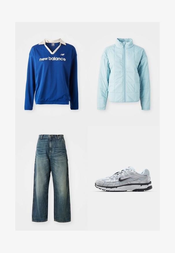 Lichtblauwe gewatteerde jas met rits aan de voorkant en hoge kraag, met lange mouwen en een vierkant stikselpatroon.; Blauw sportshirt met lange mouwen, voorzien van een witte kraag, een mesh textuur en het 'new balance' logo in het wit over de borst.; Wijd uitgesneden denim jeans in een vervaagde blauwe wassing. Bevat een knoopsluiting, vijf zakken en zichtbare stiksels. Materiaal heeft een zachte textuur.; Nike P-6000 sneakers met een lichtgrijze mesh bovenkant, zwarte accenten en een duurzame zwarte rubberen zool. Kenmerkt zich door een ingewikkeld ontwerp en vetersysteem.