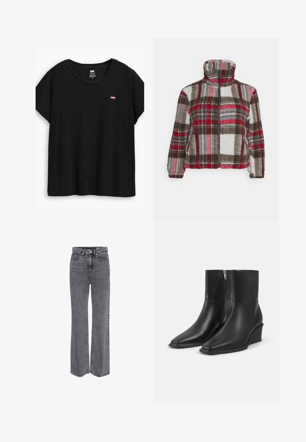 Noisy May Curve NMNICHELA JACKET - Flísová bunda - molten lava; Čierne tričko s krátkymi rukávmi vyrobené z mäkkého materiálu, s okrúhlym výstrihom a malým červeným logom Levi's na ľavej strane.; Sivé džínsové nohavice s vysokým pásom a rovnými nohavicami, ktoré majú predné zapínanie na gombík a zips, a klasický dizajn s piatimi vreckami.; Pár čiernych kožených členkových topánok so špicatými špičkami, klinovými podpätkami a bočnými zipsmi na jednoduchom svetlom pozadí.