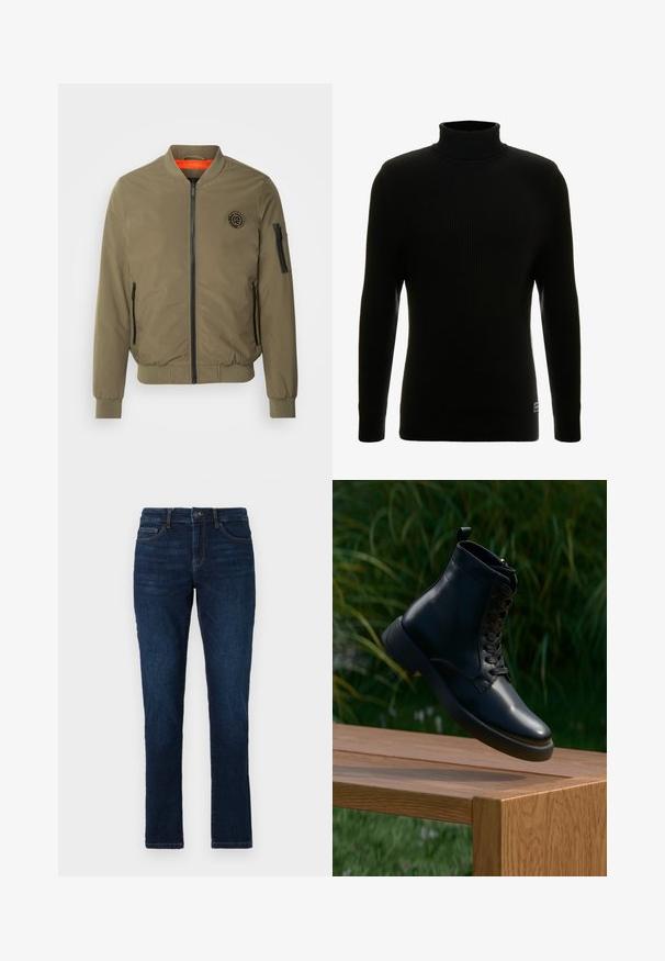 INDICODE JEANS Bomberjacke - olive; Schwarzer Rollkragenpullover mit langen Ärmeln, gerippter Textur, figurbetonter Silhouette und kleinem Markenschild unten links.; Dunkelblaue Jeans im Slim-Fit-Stil mit dem klassischen Fünf-Taschen-Design sowie einer Knopf- und Reißverschlussbefestigung. Glatte Textur mit minimalem Verblassen.; Schwarze Leder-Ankle-Boots mit glatter Oberfläche, runder Zehenform und Schnürung. Verfügt über eine robuste Sohle und eine kleine Schlaufe an der Rückseite.