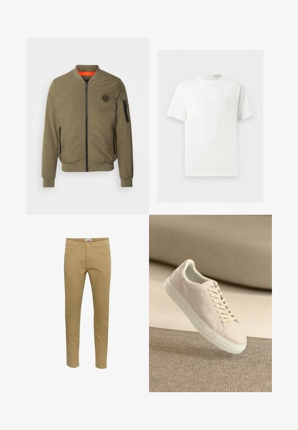 INDICODE JEANS Bomberjacks - olive; Effen wit T-shirt met korte mouwen en ronde hals, weergegeven op een lichtgrijze achtergrond.; Beige chino's met een slim fit. Gemaakt van een katoenmix, met twee zijzakken en een enkele achterzak, afgemaakt met een knoopsluiting.; Beige suède sneaker met een witte zool en veters, zwevend boven een gestructureerd beige tapijt tegen een zachte beige achtergrond.
