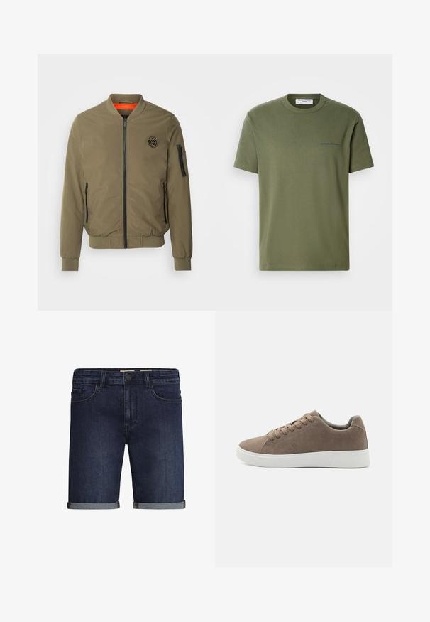 INDICODE JEANS Bombera - olive; Olívovozelené bavlnené tričko s klasickým okrúhlym výstrihom, krátkymi rukávmi a malým modrým vyšívaným textom na hrudi. Jednoduchý, nenáročný dizajn.; Džínsové šortky v tmavomodrej farbe, s klasickým dizajnom piatich vreciek, srolovaným lemom a zapínaním na gombík. Hladká textúra.; Hnedé semišové tenisky s plochými bielymi gumovými podrážkami, dizajn so šnurovaním, zaoblená špička a hladká textúra. Minimalistický štýl s jemnými švovými detailmi.