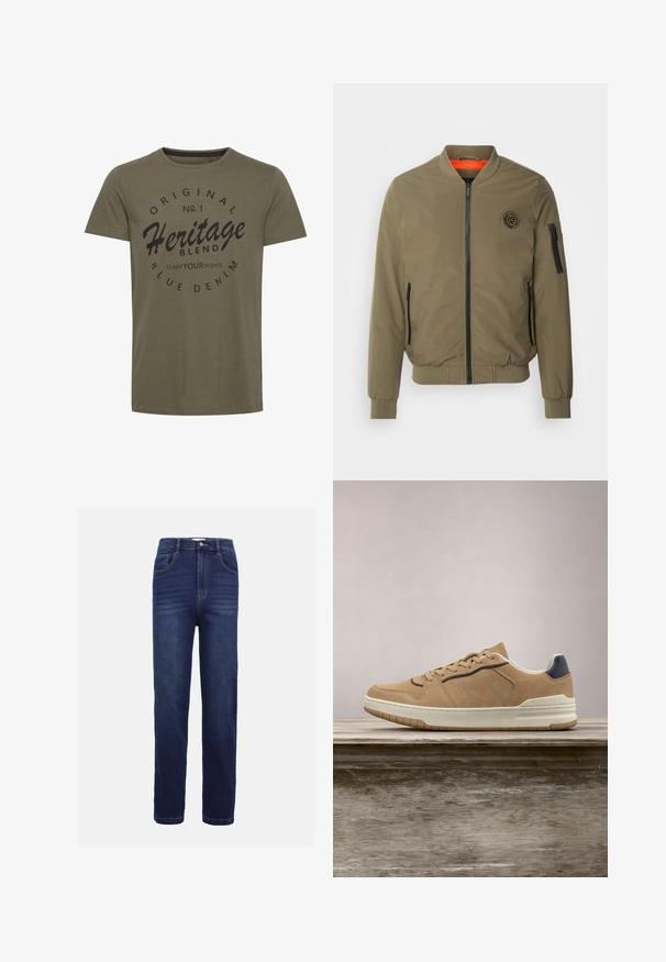 INDICODE JEANS Bomberjacks - olive; Olijfgroen katoenen t-shirt met ronde hals, voorzien van zwarte bedrukte tekst: "Original No. 1 Heritage Blend Claim Your Rights" in een circulair ontwerp.; Donkerblauwe denim jeans met een recht model, vijf zakken, een knoopsluiting en subtiele horizontale stiksels.; Beige suède sneaker met een witte rubberen zool, voorzien van beige veters, marineblauwe accenten en geperforeerde details op de toe box.