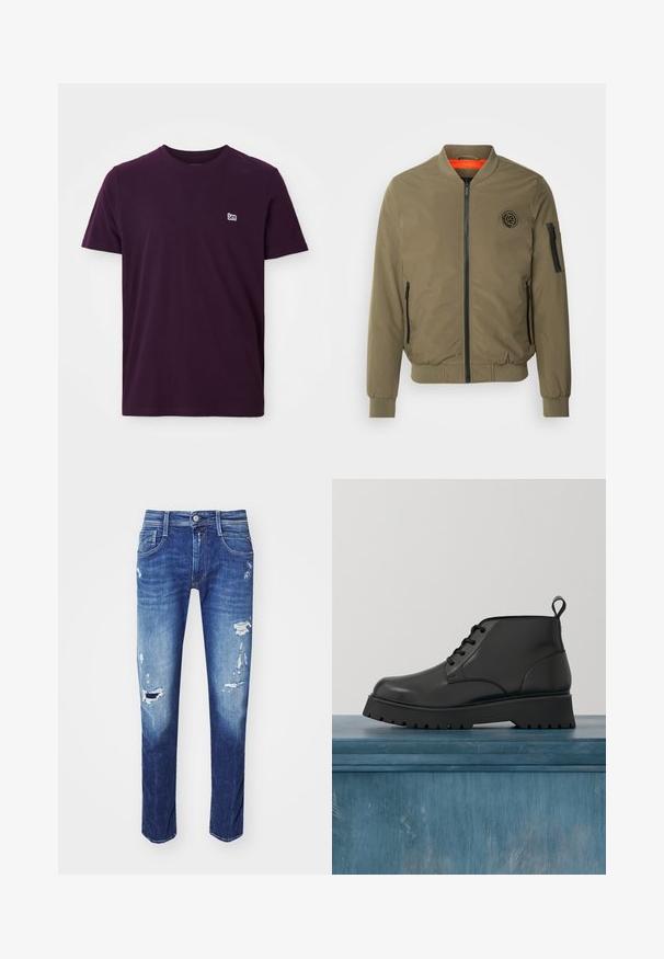 INDICODE JEANS Blouson Bomber - olive; T-shirt en coton violet foncé avec des manches courtes, col rond et petit logo blanc sur la poitrine gauche. Texture douce et lisse.; Jean en denim bleu foncé avec des détails déchirés, design à cinq poches et léger délavage. Coupe droite avec un ourlet propre.; Bottine en cuir noir avec une finition brillante. Présente un bout arrondi, un système de laçage et une semelle épaisse à nervures pour une bonne traction.