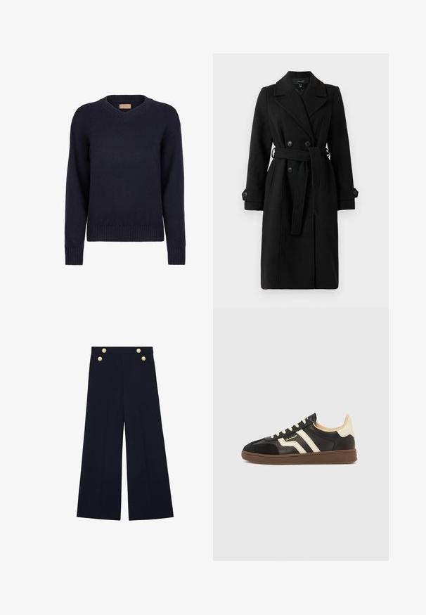 Manteau noir croisé avec ceinture, fabriqué en tissu texturé, doté de revers crantés et de poignet boutonné. Poches avant incluses.; Pull en v bleu marine en tricot doux ; possède des poignets et un ourlet côtelés. Design simple et classique sans motifs ni embellissements.; Pantalon large bleu marine à taille haute avec quatre boutons décoratifs en or sur les côtés avant.; Baskets noires avec des bandes crème, tige en cuir texturé et semelle en caoutchouc marron. Présentent un design à lacets et une silhouette profilée basse.