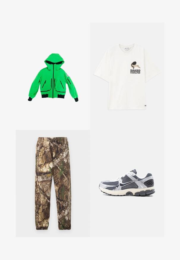 Lys grøn hættejakke med sorte lynlåse, ribbede manchetter og kant, flere lynlåslommer og et patch på venstre ærme.; Hvid bomuld t-shirt med en pixeliseret grafik af en figur og tekst, der siger "NAKNE FOTOER FORBUDT" på venstre side. Korte ærmer.; Camo sweatpants med et brunt og grønt naturligt mønster, der har en elastisk talje med snore og elastiske manchetter ved anklerne.; Herres grå og hvide sportssko med mesh-paneler, reflekterende sølvoverlay, hvide snørebånd og sort tekstureret sål, set fra siden.