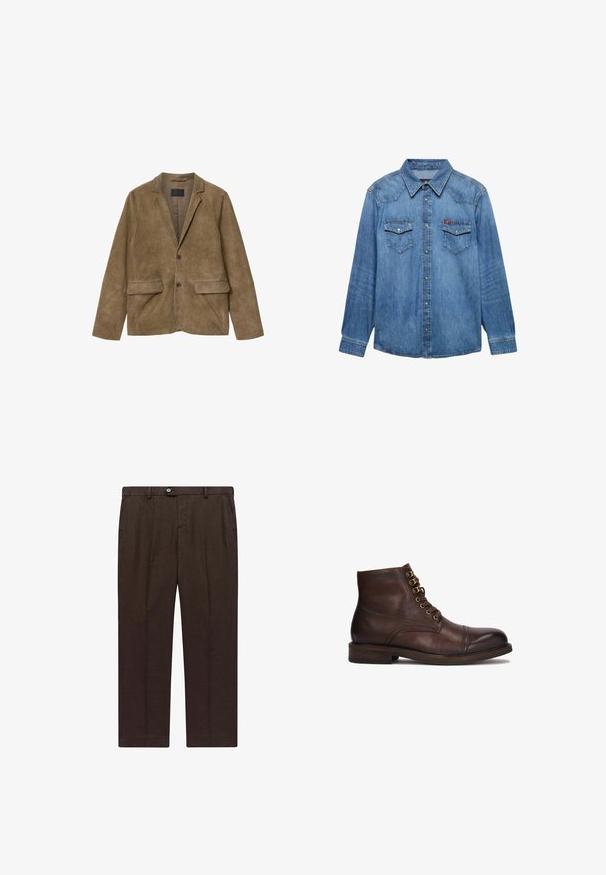 Brun ruskind herreblazer med hakrevers, to forlommer med klap og to mørke knapper foran, vist fladt på hvid baggrund.; Langærmet blå denimskjorte med knapper foran, to brystlommer med knappelåse og en spids krave.; Brune skræddersyede bukser lavet af letvægtsstof med lige ben, der har en frontlukning med knap og to sidelommer.; Kazar CYMONN - Snørestøvletter - brown