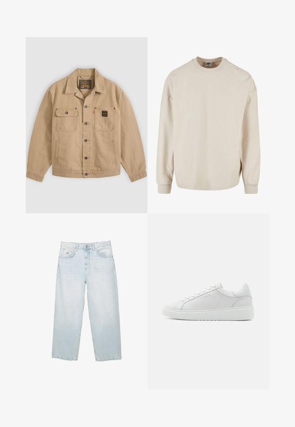 Beige jakke med knapper og krave, to brystlommer — den ene med klap og knap, den anden med sort label — og sidelommer.; Beige ribbet sweatshirt med lange ærmer og rund hals, med faldne skuldre og ribbede manchetter. Blød tekstur og afslappet pasform.; Lysblå højtaljede straight-leg jeans med frontknap, lommer og lille mærket metalmærke på den højre forlommer.; Hvide lædersneakers med en glat tekstur, rund tå, lav profil og diskret branding på siden. Polstret krave og snørebånd.