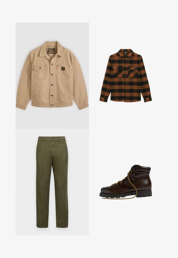 Beige jakke med knapper og krave, to brystlommer — den ene med klap og knap, den anden med sort label — og sidelommer.; Langærmet skjorte i orange og sort ternet mønster, lavet af et tekstureret stof. Har to brystlommer og knaplukning foran.; Olivengrønne bomuldsbukser med lige pasform, knaplukning og minimale syninger. Glat tekstur uden tydelige mønstre.; Brun læder vandrestøvle med en afrundet tå, tekstureret overflade, gule snørebånd og metaløjer. Har en robust sort gummisål.