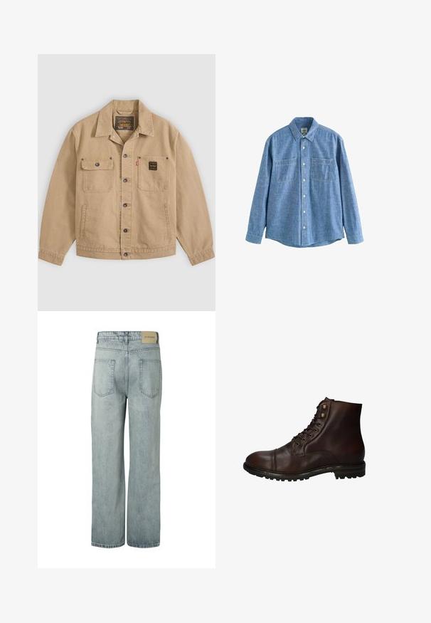 Beige knöpfbare Jacke mit Kragen, zwei Brusttaschen – eine mit Klappe und Knopf, die andere mit einem schwarzen Etikett – und Seitentaschen.; Langärmliges blaues Chambray-Hemd mit Knopfleiste und zwei Brusttaschen, flach auf weißem Hintergrund liegend.; Hellblaue Jeans mit geradem Bein, zwei Gesäßtaschen und einem beigen Markenpatch am Bund.; Dunkelbraune Leder Schnürstiefelette mit robustem Gummisohlen und Metallösen, von der Außenseite betrachtet.