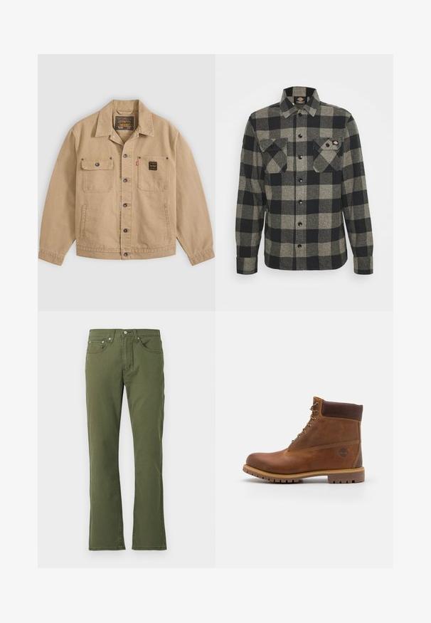 Veste beige boutonnée avec col, deux poches poitrine — une avec rabat et bouton, l’autre avec une étiquette noire — et poches latérales.; Chemise en flanelle à carreaux noirs et gris, à manches longues, à boutonnière à l'avant, avec deux poches sur la poitrine et un ourlet légèrement arrondi. Tissu texturé.; Jean évasé vert olive en coton avec une texture lisse ; comporte cinq poches, une fermeture à bouton et des détails de couture subtils.; Botte de randonnée en cuir marron avec une finition lisse, cheville rembourrée, œillets en métal et semelle en caoutchouc dotée d'un motif de crampons robuste.