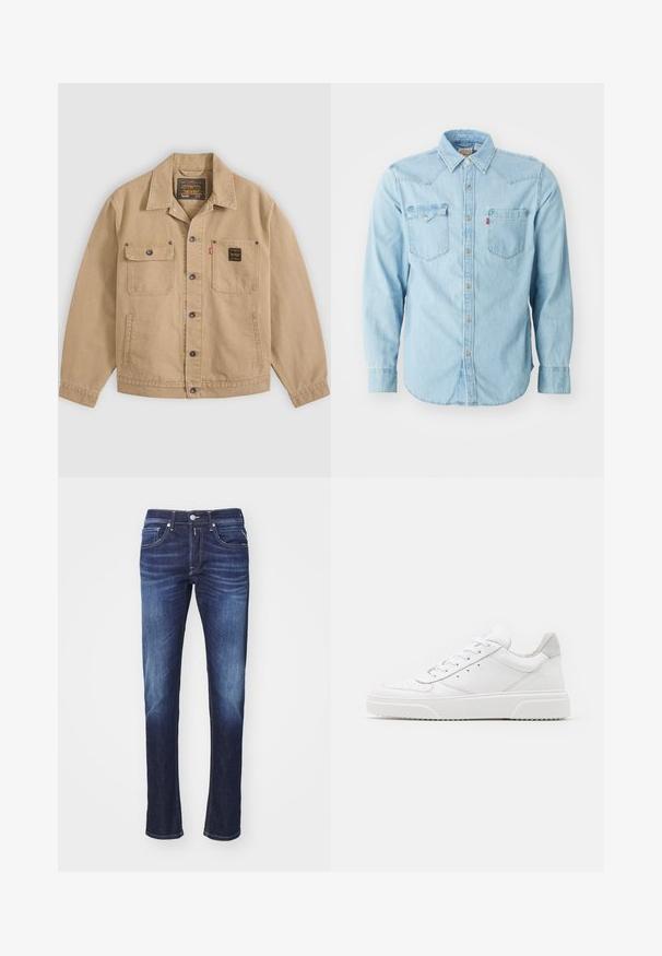 Beige jakke med knapper og krave, to brystlommer — den ene med klap og knap, den anden med sort label — og sidelommer.; Lys blå denim skjorte med lange ærmer, spids krave, to brystlommer, sølvnapsknapper og kontrastsyninger. Glat tekstur.; Mørkeblå denimjeans med lige ben, der har fem lommer, knaplukning og diskret blegeteffekt langs lårene.; Hvide lædersneakers med en glat finish, rund tå, flade snørebånd og en struktureret sål. Grå ruskindsdetalje ved hælen.