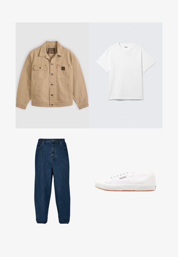 Chaqueta beige abotonada con cuello, dos bolsillos en el pecho: uno con solapa y botón, el otro con una etiqueta negra, y bolsillos laterales.; Camiseta blanca de manga corta con cuello redondo, colocada plana, diseño liso, con etiqueta "WEEKDAY" en el interior del cuello sobre un fondo claro.; Jeans de denim azul oscuro con un corte holgado, cintura alta y puños elásticos. Cuenta con un cierre frontal de botón y cinco bolsillos.; Zapatillas de lona blancas con suela de goma, diseño de cordones y una pequeña etiqueta con el logo en el lateral. Parte superior texturizada blanca y suela marrón.