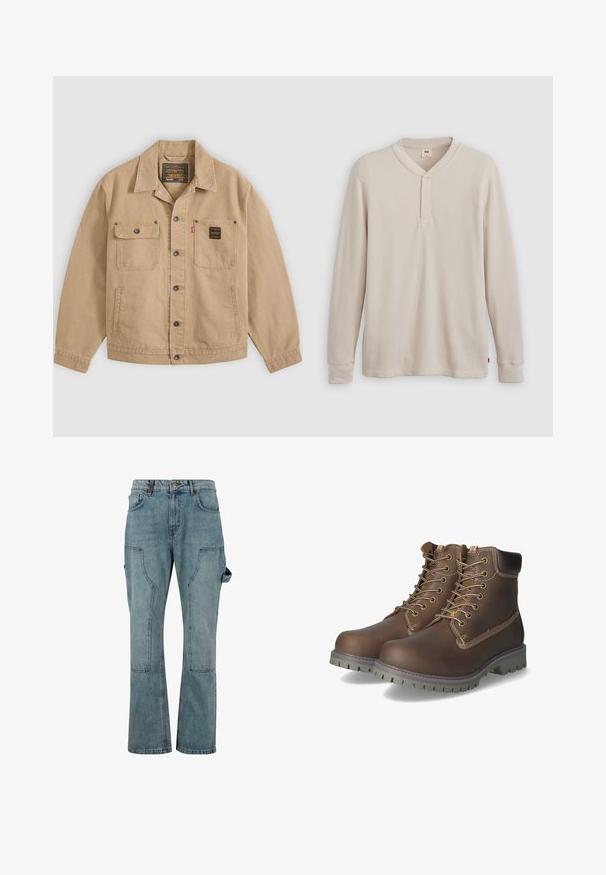 Beige knöpfbare Jacke mit Kragen, zwei Brusttaschen – eine mit Klappe und Knopf, die andere mit einem schwarzen Etikett – und Seitentaschen.; Langärmliges Henley-Shirt aus leicht beigem Rippstoff mit V-Ausschnitt, Knopfleiste mit drei Knöpfen und angeschnittenen Ärmeln. Roter Logo-Tag am Saum.; Hellblaue Denim-Cargo-Hose mit geradem Bein, ausgestattet mit mehreren Taschen und einem Knopfverschluss an der Taille.; Braune Leder-Ankle-Boots mit Schnürung, gepolstertem Kragen, kontrastierenden Nähten und rutschfester Gummisohle mit Trittmuster.