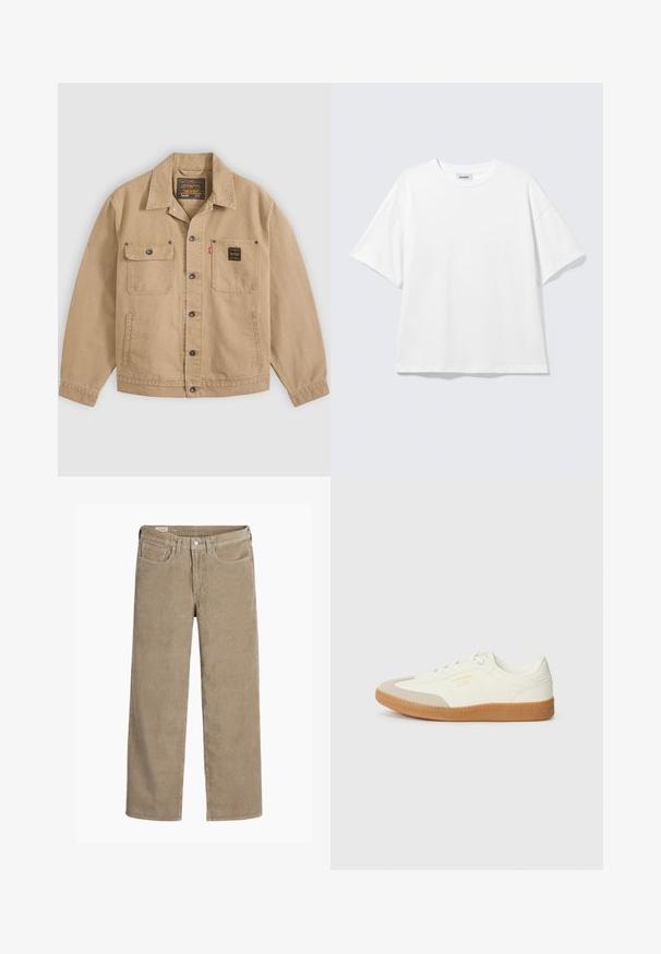 Veste beige boutonnée avec col, deux poches poitrine — une avec rabat et bouton, l’autre avec une étiquette noire — et poches latérales.; T-shirt blanc oversize à manches courtes, col rond, épaules tombantes, posé à plat sur fond gris clair.; Pantalon en velours côtelé de couleur brun clair, au design ample, doté d'une fermeture à bouton et à zip, de cinq poches et d'une texture douce et côtelée.; Baskets en cuir blanc avec une coque beige et une semelle en caoutchouc marron clair. Dotées de lacets blancs plats et d'un logo embossé sur le côté.