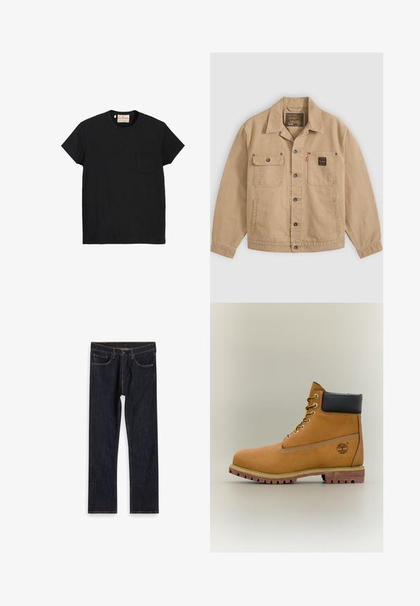Beige jakke med knapper og krave, to brystlommer — den ene med klap og knap, den anden med sort label — og sidelommer.; Sort bomulds T-shirt med rund hals, korte ærmer og en lomme på venstre bryst. Glat tekstur og minimalistisk design.; Mørkeblå lige ben denim jeans med forlommer, bæltestropper og kontrast orange syninger, lagt fladt på hvid baggrund.; Brun læderankelstøvle med sort krave, gule snørebånd og tanfarvet sål. Har logo og hvide syninger som detalje. Robust ydersål med greb.