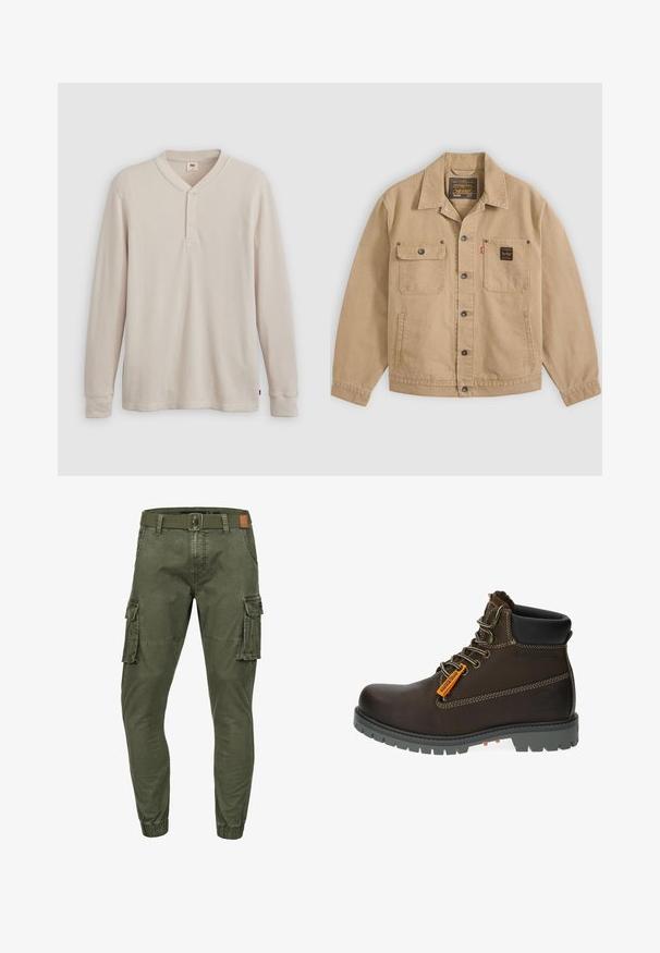 Beige knöpfbare Jacke mit Kragen, zwei Brusttaschen – eine mit Klappe und Knopf, die andere mit einem schwarzen Etikett – und Seitentaschen.; Langärmliges Henley-Shirt aus leicht beigem Rippstoff mit V-Ausschnitt, Knopfleiste mit drei Knöpfen und angeschnittenen Ärmeln. Roter Logo-Tag am Saum.; Olivgrüne Cargo-Hose mit elastischen Bündchen, seitlichen Klappentaschen, Fronttaschen, Gürtelschlaufen und einem schwarzen Gürtel mit Knopfverschluss.; Braune Leder-Stiefelette mit grauem Gummisohle, orangefarbenem Akzent-Label und metallischen Ösen. Verfügt über Kontrastnähte und gepolsterte Schuhkragen.
