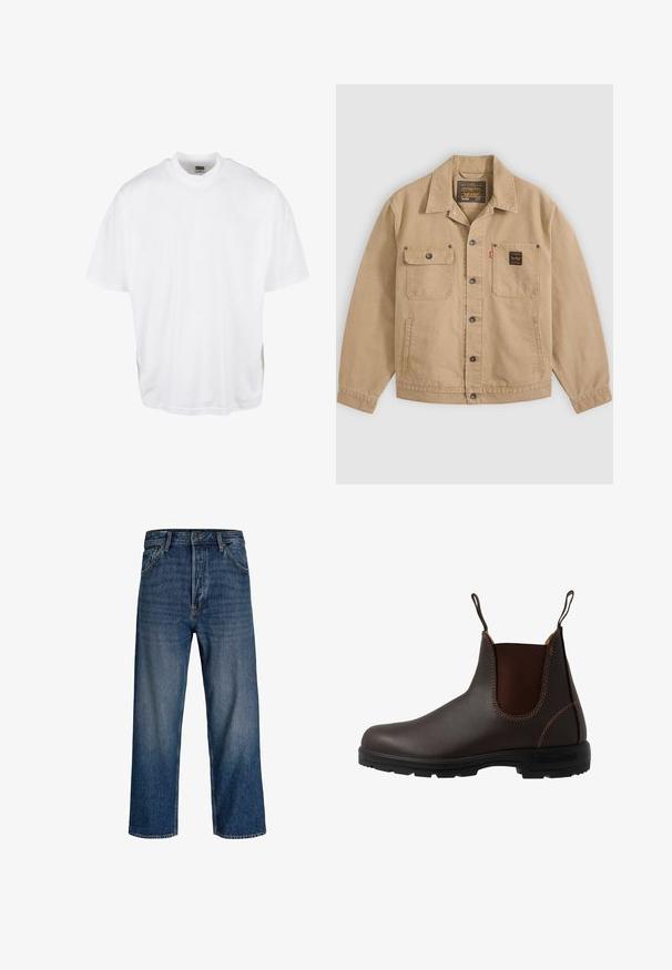 Chaqueta beige abotonada con cuello, dos bolsillos en el pecho: uno con solapa y botón, el otro con una etiqueta negra, y bolsillos laterales.; Camiseta de algodón blanca con un corte relajado, mangas cortas y cuello redondo, que presenta un dobladillo recto y sin gráficos ni patrones visibles.; Vaqueros de mezclilla con un diseño de pierna recta, color azul oscuro y un ligero desvanecimiento. Cuenta con cinco bolsillos y un cierre de botón.; Bota Chelsea de cuero marrón con panel elástico lateral, costuras marrones, tiradores y suela de goma resistente con un patrón texturizado.