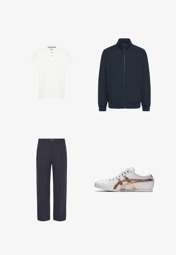 Chaqueta azul marino con cremallera, cuello alto, dos bolsillos laterales, puños acanalados y dobladillo acanalado.; Camiseta polo blanca de algodón, con un cuello clásico, mangas cortas y una tapeta de tres botones con botones azul oscuro.; Pantalones azul marino, con un corte entallado, pliegues en la parte delantera y bolsillos laterales. Fabricados con una tela texturizada y un acabado suave.; Onitsuka Tiger MEXICO 66 SLIP-ON - Zapatillas - white/rose gold