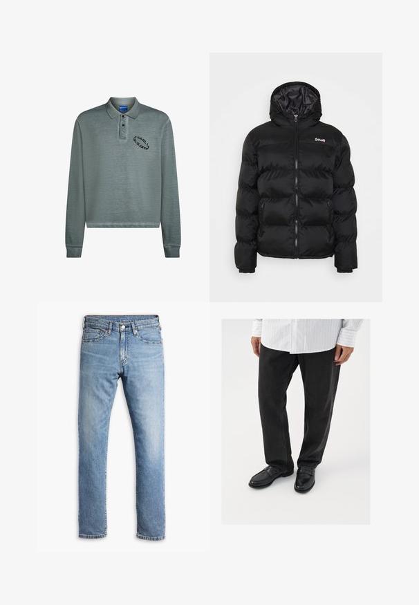 Schott Winterjas - black; Langdurige mouw polo in gedempt teal, met een geribde kraag en manchetten. Zwart logo borduring op de borst. Zachte, gestructureerde stof.; Lichtblauwe denim jeans met een rechte pijp, vijf zakken, contrasterende stiksels en een knoop- en ritsluiting bij de taille.; Zwarte denim broek gecombineerd met glanzende zwarte instappers. Het shirt is wit met dunne verticale strepen, heeft lange mouwen en een geknoopte kraag.