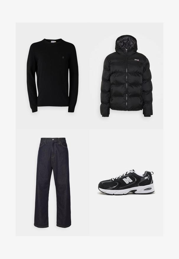 Schott Chaqueta de invierno - black; Suéter negro de cuello redondo hecho de un tejido suave, con mangas largas y un sutil logo en el pecho. Diseño simple, sin patrones ni acentos.; Jeans de mezclilla de pierna recta en azul oscuro con costuras amarillas, botón delantero, cremallera y diseño de cinco bolsillos.; Zapatillas deportivas en negro y gris con parte superior de malla y ante, que cuentan con una entresuela blanca, cordones y un llamativo logo "N" en el lateral.