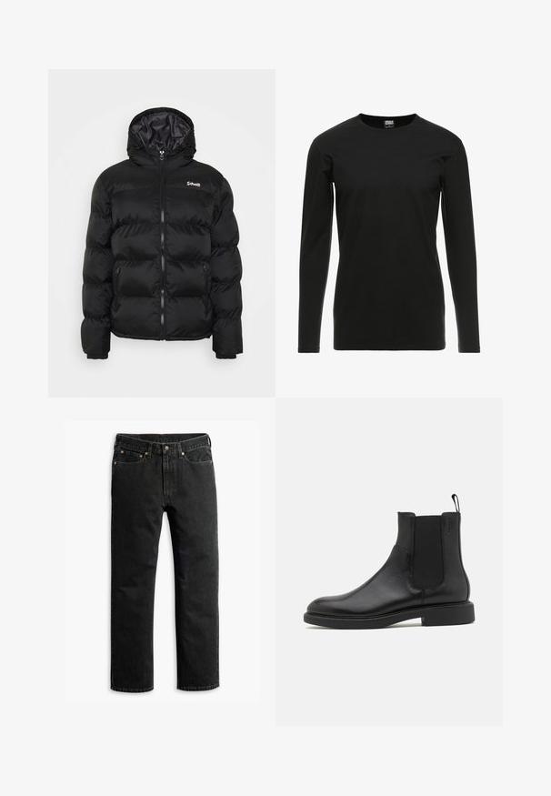 Schott Winterjacke - black; Urban Classics STRETCH TERRY - Langarmshirt - black; Schwarze Jeans im geraden Schnitt mit fünf Taschen, Gürtelschlaufen und einem Knopfverschluss an der Taille, flach auf einem weißen Hintergrund ausgelegt.; Schwarze Leder-Ankle-Boots mit glatter Textur, elastischen Seitenpaneelen und einer Zuglasche. Runde Zehenpartie und flache Gummisohle mit minimalem Profil.