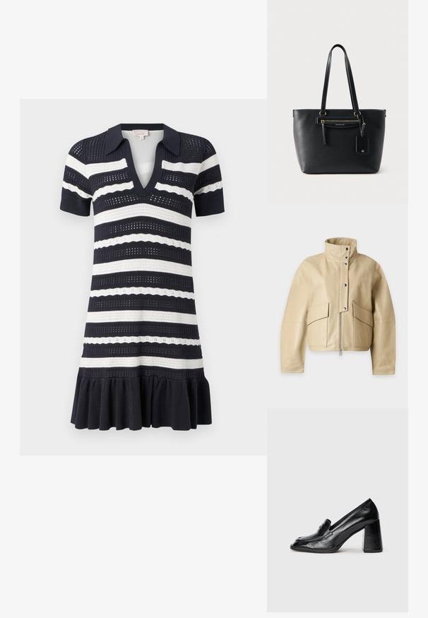 Lys beige læderjakke med høj krave, lynlås foran, trykknapper og to store klaplommer foran.; Cinq à Sept CLEMENTINE DRESS - Hverdagskjole - navy/ivory; Sorte patenterede læder loafers med hæl, spids tå og en chunky blokhæl, der har et dekorativt bånd over vamps.; Sort tekstureret lædertaske med dobbelte skulderstropper, frontlynlås lomme og hængende logo tag, stående mod en ensfarvet baggrund.